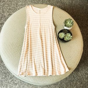 Tan and white striped sleeveless dress